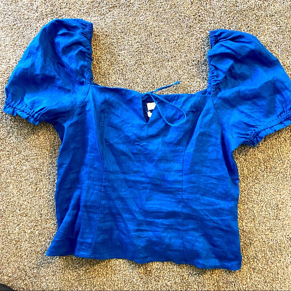 H&M Blue Linen Blouse with Puffy Short Sleeve
